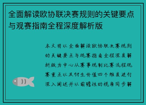 全面解读欧协联决赛规则的关键要点与观赛指南全程深度解析版