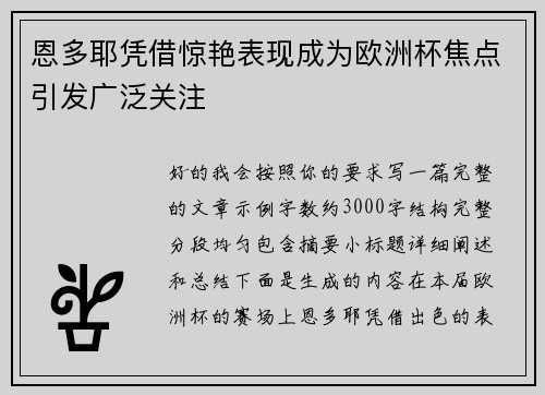 恩多耶凭借惊艳表现成为欧洲杯焦点引发广泛关注 恩多耶凭借惊艳表现成为欧洲杯焦点引发广泛关注