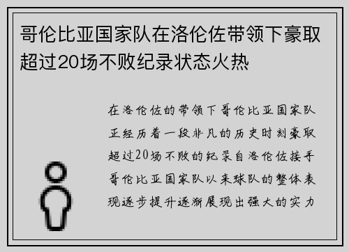 哥伦比亚国家队在洛伦佐带领下豪取超过20场不败纪录状态火热
